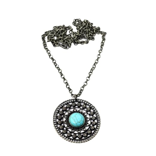 Colar Mandala Longo de Pedra Natural Turquesa Grafite Bijuterias