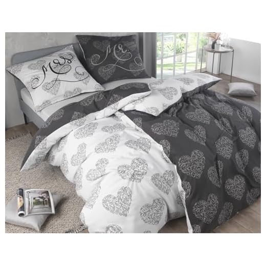 Leonado Vicenti Partner Bettwäsche 135x200 4teilig Mr. & Mrs. Herz grau anthrazit Wendeoptik mit Reißverschluss 2 Kuscheli® Bettwäsche 135x200 4 teilig | ÖkoTex Zertifiziert & für Allergiker geeignet |Bettwäsche Set mit je 2 Bettbezügen 135 x 200 & Kissenbezügen 80x80 | modern & hochwertig, Farbe:D11