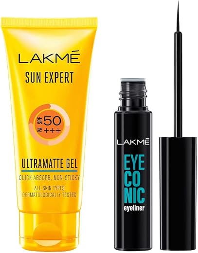 LAKMÉ Sun Expert Spf 60 Gel for Sensitive Skin, 50 G &amp; Eyeconic Liquid Eyeliner, Black, 4.5 Ml
