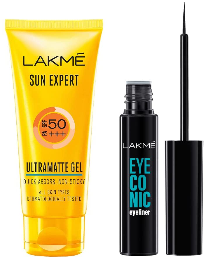 Image of LAKME Sun Expert Spf 60 Gel for Sensitive Skin, 50 G & Eyeconic Liquid Eyeliner, Black, 4.5 Ml