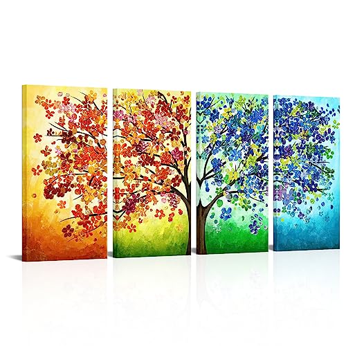 KREATIVE ARTS 4 Seasons Colorful Lucky Tree Painting Canvas Wall Art Abstract Contemporary Oil Paintings Giclee Prints for Living Room (Large Size 16x32inchx4pcs)