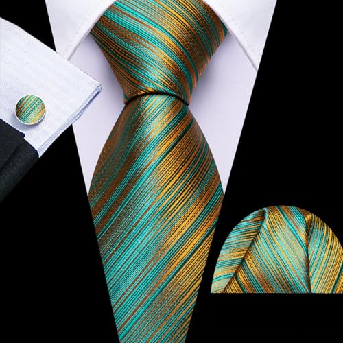 Image of Barry.Wang Tie Sets for Men Silk Stripe Necktie Woven Checkered Handkerchief Cufflinks Formal Business Wedding