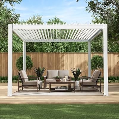Domi Louvered Pergola 10×10 FT, Outdoor Aluminum Pergola with Adjustable Rainproof Roof and Drainage System, Metal Pergola Gazebo for Patio, Deck, Backyard, White