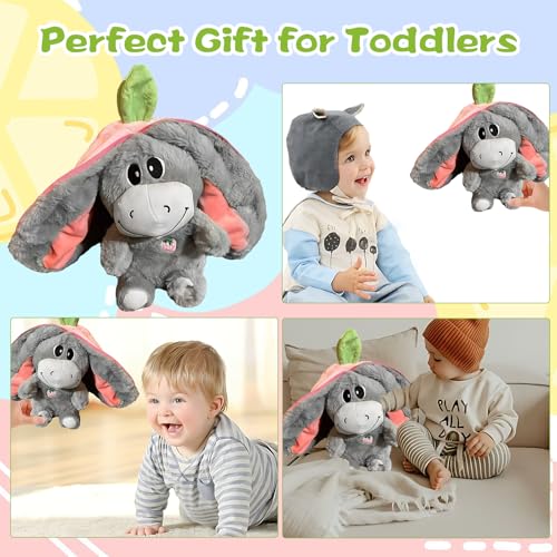 Atmendes Kuscheltier für Erwachsene, Kuscheltier Atmet, Schlafender Plüschesel, Plüsch Esel mit Erdbeer Motiv, Niedliches Warmes, Leichtes Plüschtier mit Musik, Pullover mit Erdbeerbrosche und Puppe