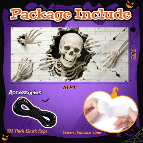 Miucat Halloween Garage Door Cover 7x16 FT, Realistic 3D Design Decorations | 3D Skeleton Break-Through Illusion Garage Door Banner, Outdoor Halloween Spooky Garage Buddy Backdrop - image 2