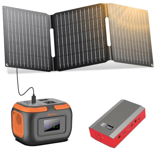 Estación de energía solar portátil con panel solar, batería portátil de energía de camping de 120W con USB C, banco de energía de 110V con salida de CA para laptop, dispositivo inteligente, hogar, RV y exterior con cargador de panel solar de 30W
