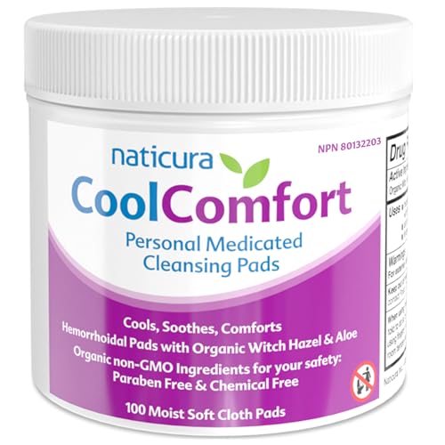 Image of CoolComfort Personal Cleansing Pads with Organic Witch Hazel and Aloe Vera - All Natural and Fast Acting Wipes for Hemorrhoid Burning, Itching, Pain and Swelling - 100 Pads - No Parabens - Made in USA