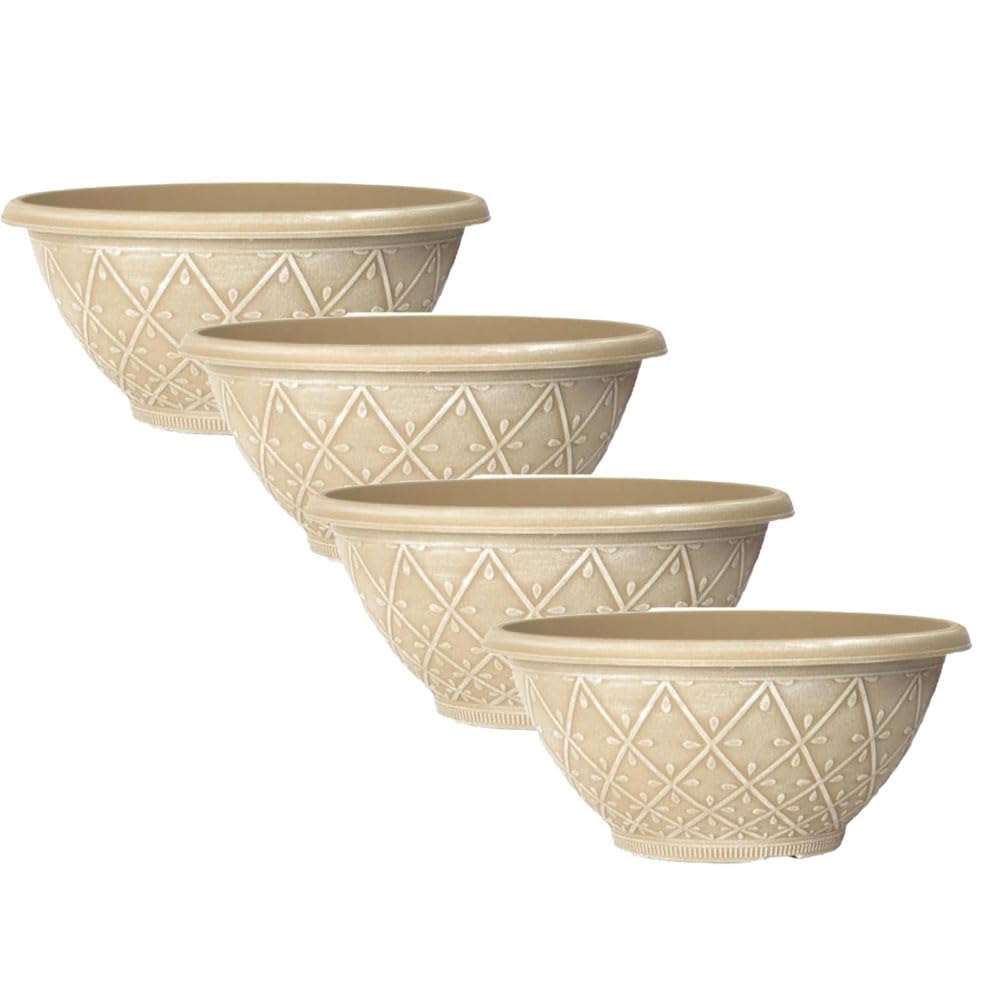 Shopior Ginger-30Cm Plastic Prisma Bowl – Round Garden Flower Pot With Drainage Holes, Weatherproof Durable Plastic, Outdoor & Indoor Plant Pot For Home, Patio, Balcony & Garden (Powdered Ginger Bowl - 30Cm, 4Pack)