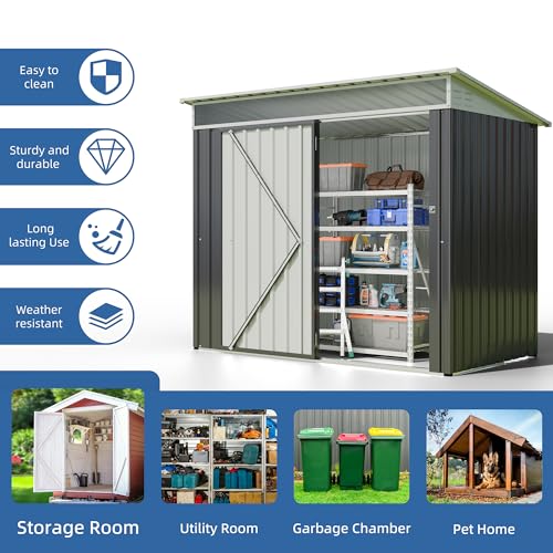 Image of JY QAQA 6x4 FT Metal Outdoor Garden Storage Shed,Waterproof Metal Garden Sheds with Window and Lockable Double Door,Weather Resistant Steel Tool Storage House Shed for,Garden,Patio,Lawn, Dark Grey