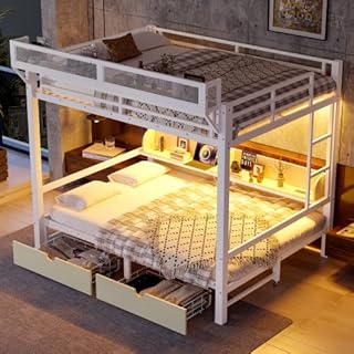 Harper & Bright Designs Heavy Duty Bunk Bed with LED Queen Size Bunk Bed with Drawers and Storage Shelves, Can be Converted into Sofa, Metal Bunk Bed Frame with USB Ports(White/Queen)