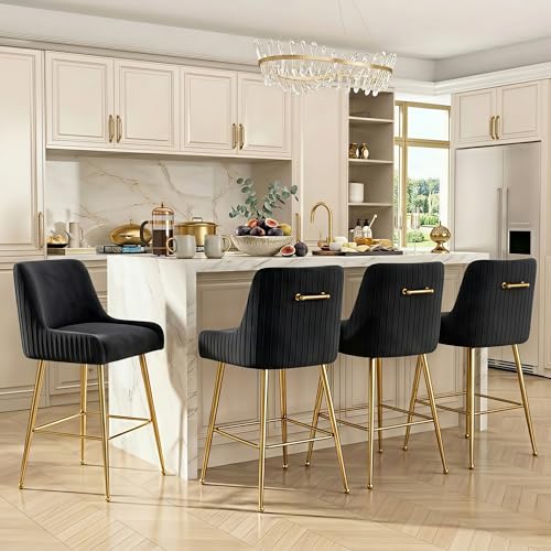 26” Velvet Counter Height Bar Stools Set of 4,Upholstered bar Chair Gold Bar Stools with Back, Beige Island Chairs with Gold Chrome Plated Metal Leg,Barstools for Kitchen Counter Black Set O