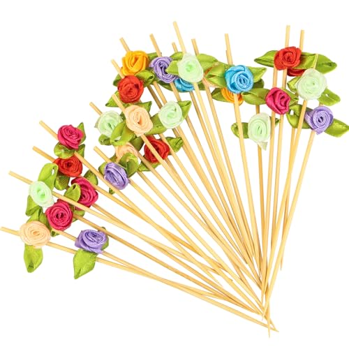 100pcs Colorful Rose Flower Cocktail Picks 4.7 Inch, Valentine Decorations Toothpicks for Appetizers Bamboo Fruit Skewers Food Picks for Wedding Valentine Holiday Party Decoration