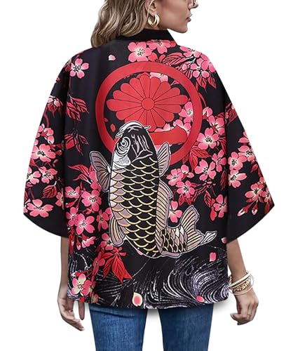 Image of LAI MENG FIVE CATS Women's Floral Print Loose Blouse Japanese Kimono Tops | Puff Sleeve,Cover up Top,Casual Cute Tops,Summer Cardigans 2026