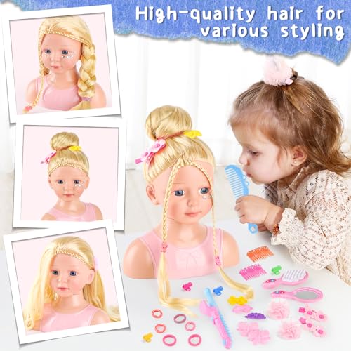 deAO Schminkkopf & Frisierkopf Kinder 23cm – Schminkpuppe mit Blonden Haaren, Schminke und Zubehör Styling Head & Make-up Kopf für Mädchen ab 3 Jahren
