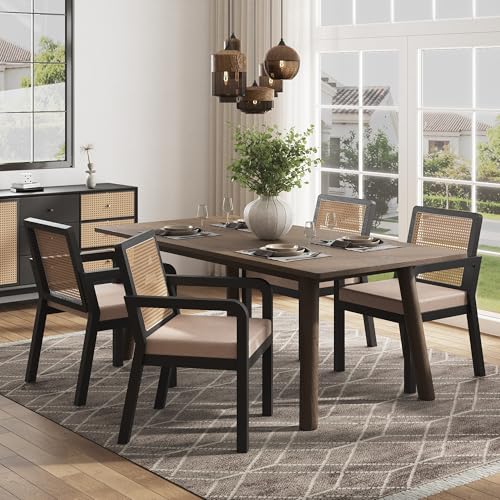 Goldicoo Juego de 4 sillas de comedor de terciopelo negro, respaldo de ratán, patas de madera de goma, ergonómicas, 56 x 57 x 83 cm, capacidad de carga de 150 kg