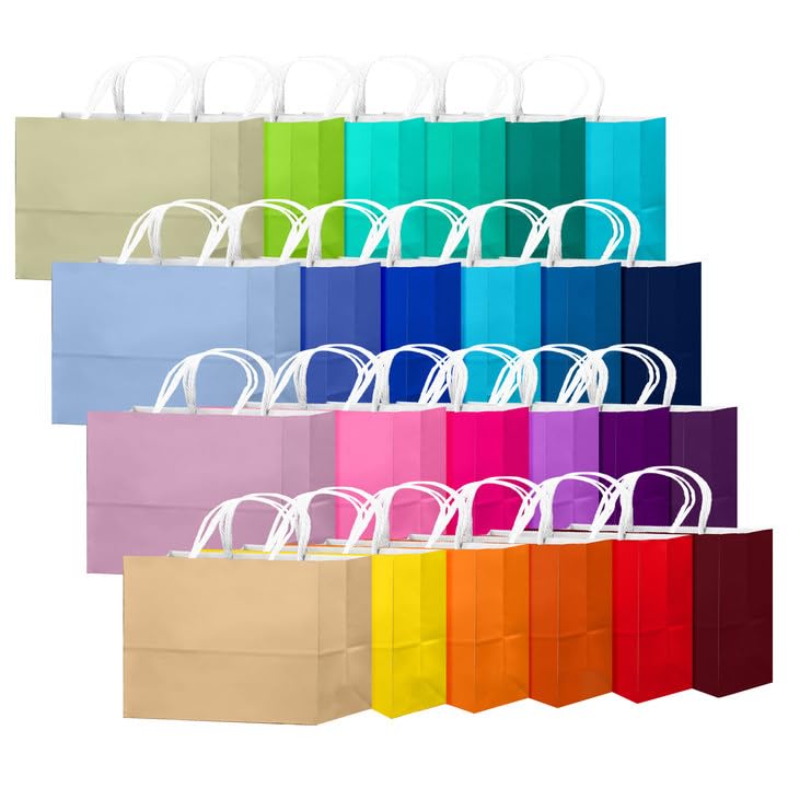 qiqee 24 Colors Large Gift Bag with Handles Bulk 24PCS Paper Party Bags 13x4.5x10 Multiple Uses (32x11x25cm Wide Large)