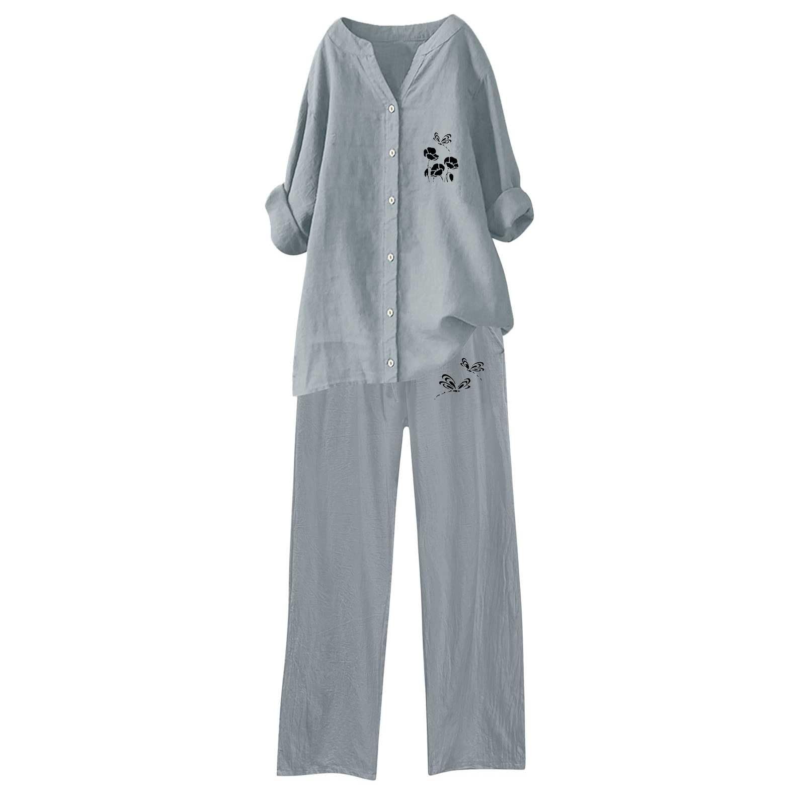 Hosenanzug Damen Hochzeit 2-teiliges Damen-Outfit, weites Bein, Bluse, Taschen, elastische Hose, lässiges V-Ausschnitt-Hemd, Hose, modische Streetwear Damen Zweiteiler Set Elegant Modisch Lässig