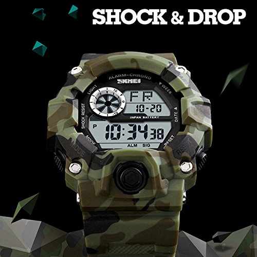 Fanmis Men's Digital 50M Waterproof Electronic Sport Watch Rubber Band Army Military 24H Time Led Light 164Ft Water Resistant Calendar Date Day Watches (C Green) #TOP3