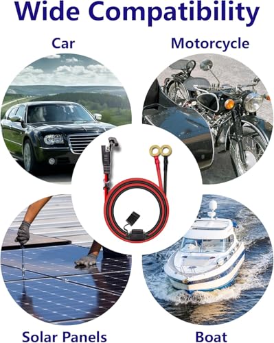10AWG 2FT Charger Cable, SAE to O Ring Terminal Quick Disconnect Harness, 2 Pin SAE Connector Extension Cables Cord with 15& 20A Fuse for Car, Motorcycle, Solar Panel