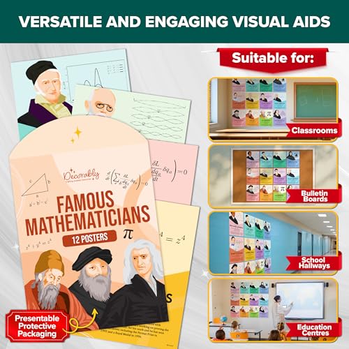 Decorably 12 Famous Mathematicians Posters for Classroom, 11x14in Educational Matte-Laminated for Elementary and High School - for Hallways, Bulletin Boards, Home Study Room