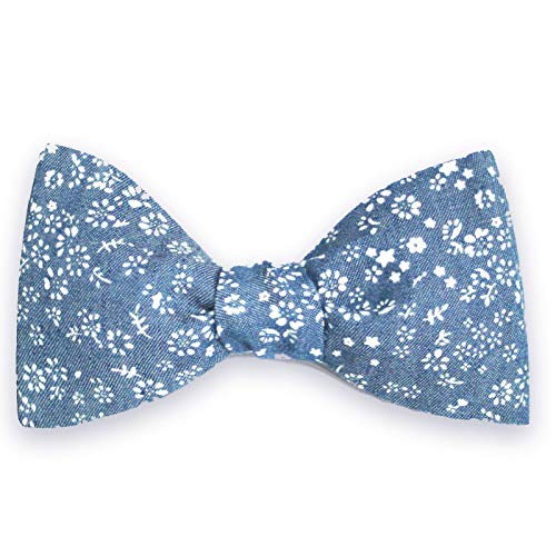 Noeud papillon bleu turquin chambray fleuri accessoire homme coton