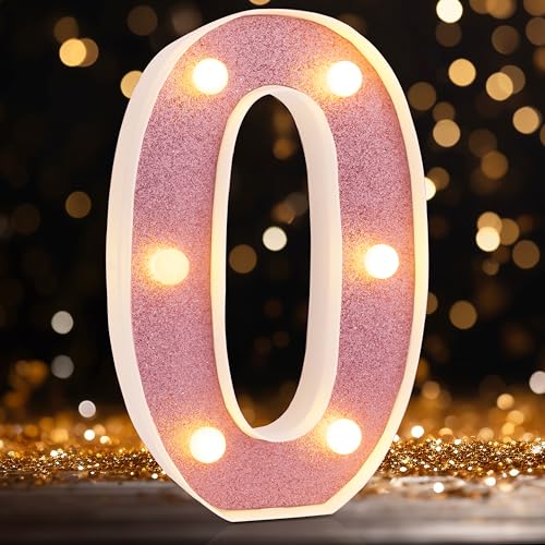 Image of LED Marquee Numbers, Small Light Up Numbers for Party, 8.58 Inch Battery Powered Lighted Number for Birthday, Night Light, Table or Home Decor (Pink Glitter, Number 0)