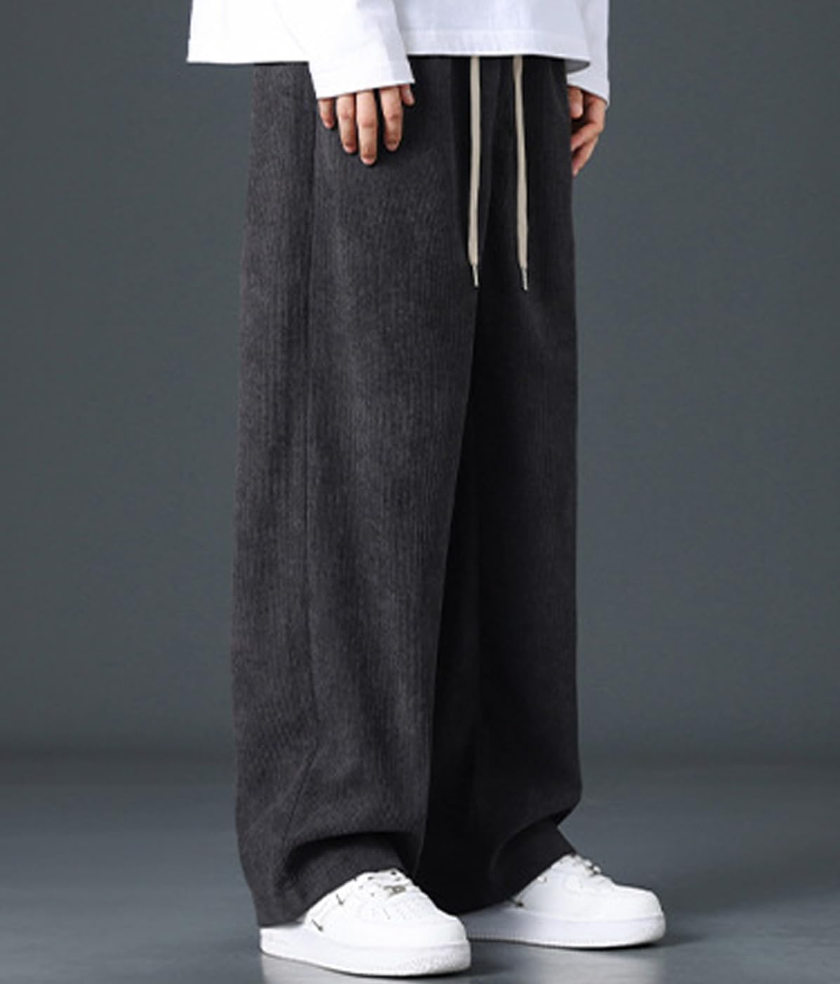 Men's Corduroy Pants Elastic Waist Drawstring Baggy Pants Fashion Loose Casual Long Trousers with Pockets - Image 2