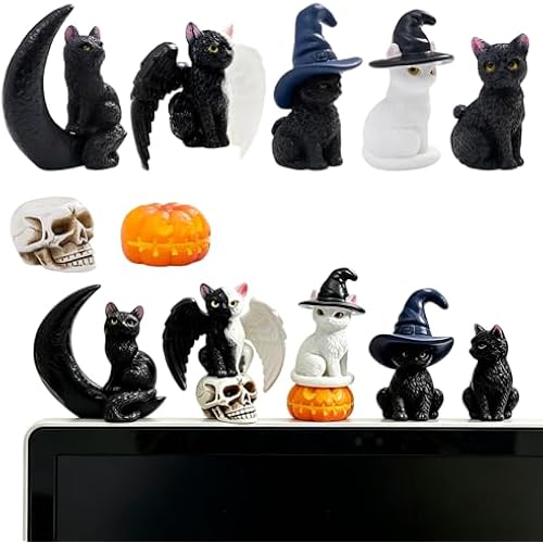 7 Pcs Mini Cat Figurines Halloween Computer Monitor Decor, Small Resin Pumpkin Skull Statues for Car Dashboard, Home Office Desk, TV, Photo Frame Decorations