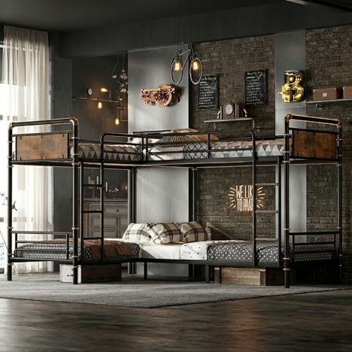 Duxelifin Quad Bunk Bed for 4, Metal L-Shaped Bunk Bed Frame, Industrial Twin 4 Bunk Beds for Kids, Detachable 4 Bunk Beds with Comfort Rungs for Teens Girls Boys,Black