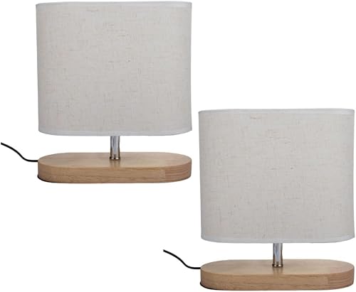 2 Pack Bedside Table Lamps with Wood Base and Beige Linen Shade, 28 cm