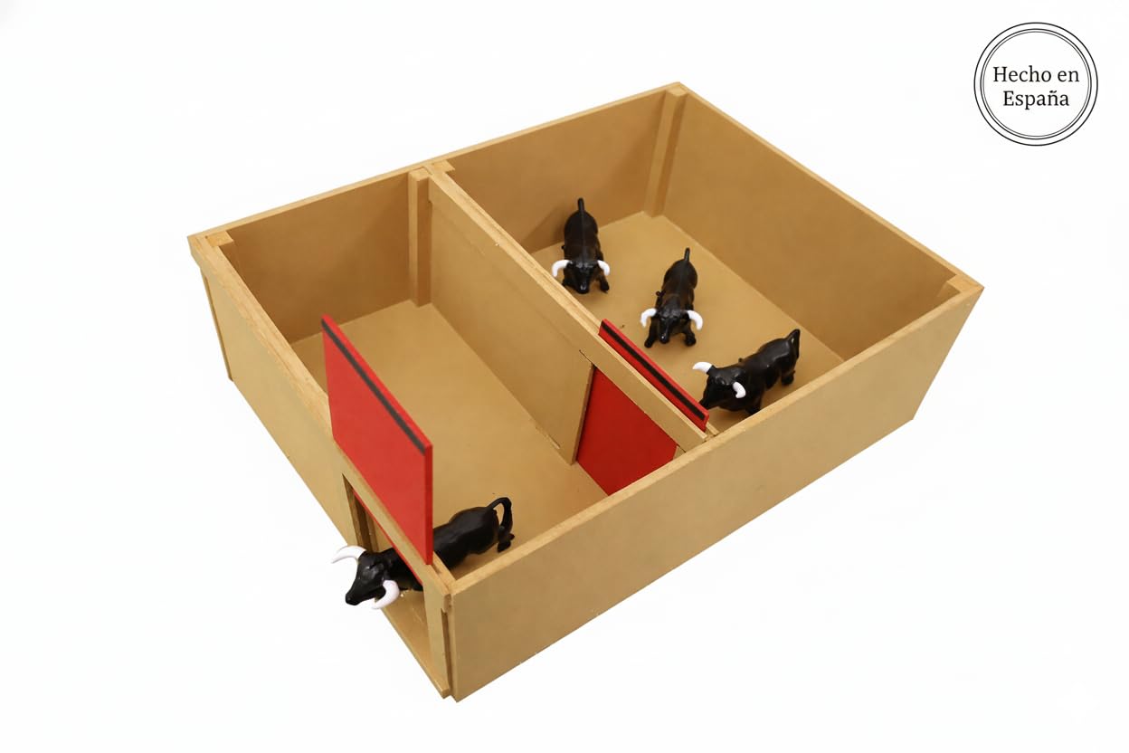 TOROS DE Juguete con Toril Artesanal DE Madera para Plaza TOROS Juguete Pack Infantil Completo Incluye 4 TORITOS Negros Miniatura Corral Tradicional Medidas 33X24X11 CM