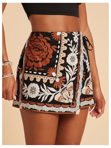 SweatyRocks Women\'s Boho Mini Skirts Floral Shorts Tie Side Wrap Elastic Waist Summer Skorts Beach Vacation Outfits Black Medium - Thumbnail 2