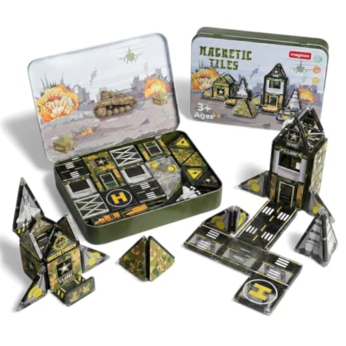 42PCS Mini Magnetic Tiles Army Base Travel Set with Iron Box STEM Educational Military Building Blocks Magnetic Construction Toy for Kids Ages 3 to 8 Creative Gift for Boys and Girls