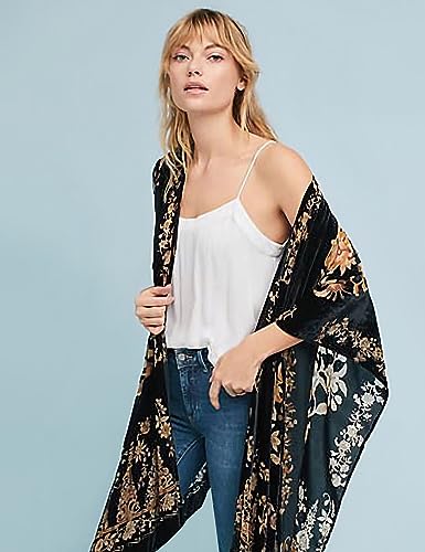 Image of Women's Burnout Velvet Kimono Long Cardigan Cover Up Casual Outfit
