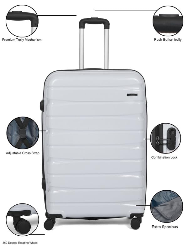 Image of Teakwood Small-Medium-Large 8 Wheels Trolley Bag, Hard Cabin with Zipper Closure, Adjustable Push Button & Cross Side Strap, TSA Lock System 360 Degree (Set of 3, Silver)