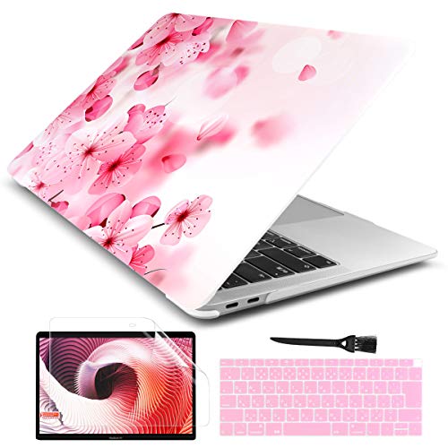 TwoL MacBook Air 13 ケース 2019 2018 + JIS配列 キーボードカバー + 液晶保護フィルム + 掃除ブラシ マックブック 13.3 インチ MAC Air Retina 排気口 ゴム足付き シェルカバー, 桜