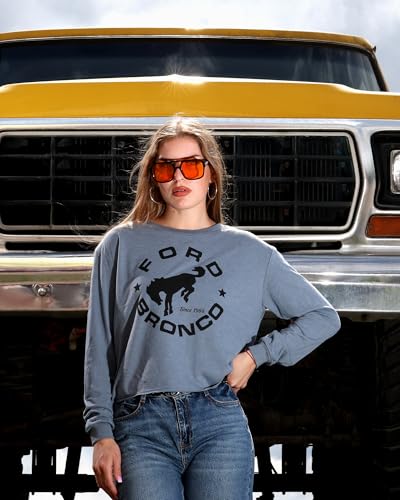 Ford Bronco Crop Top for Women – Flint Blue Heather Long Sleeve Shirt – Circle Logo Graphic – Officially Licensed3