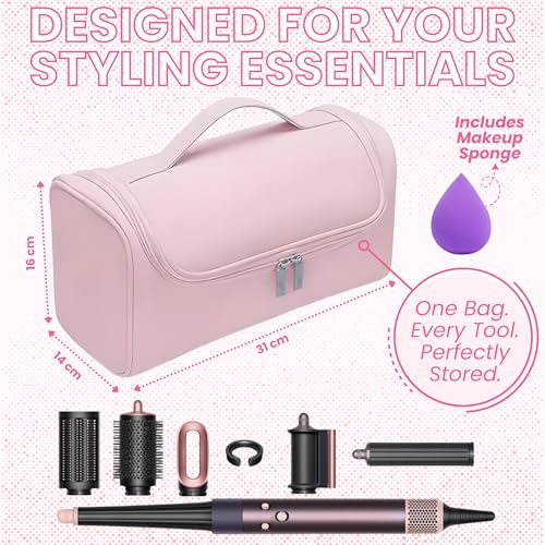 Image of OCEANEVO Travel Pouch for Airwrap Styler WITH Makeup Sponge, Storage Organiser Bag for Airwrap Attachments with Hanging Hook (Bag Only) - 31 x 14 x 16 Cm - Pink - 1 Year Warranty
