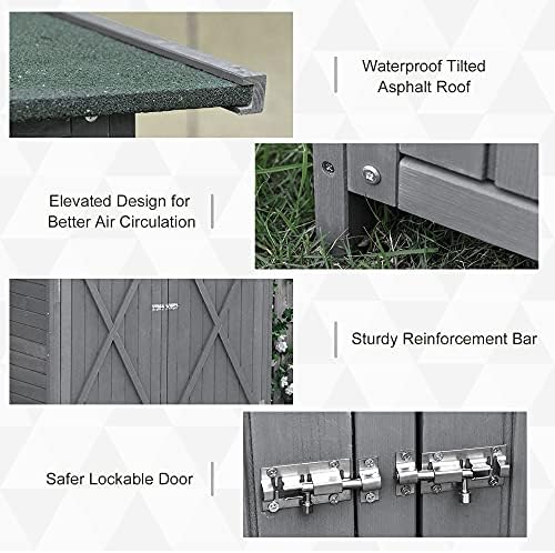 Outsunny Garden Wood Storage Shed w/ Flexible Table, Hooks and Ground Nails, Multifunction Lockable Sheds & Outdoor Asphalt Roof Tool Organizer, 139 x 75 x 160cm, Grey