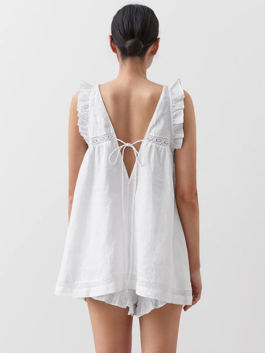 Womens Ruffle Short Set 2 Piece Outfits Fashion Summer Sleeveless Lace Trim Top and Shorts Cotton Pajama Sets - Image 5