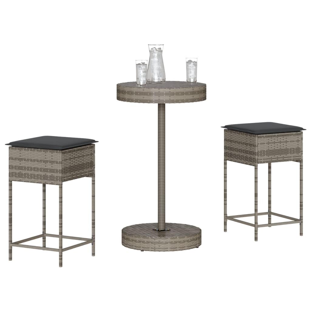 3-TLG - Juego de bar de jardín con almohada, poliratán gris, resistente a los rayos UV, resistente a la intemperie, para terraza, balcón y exterior