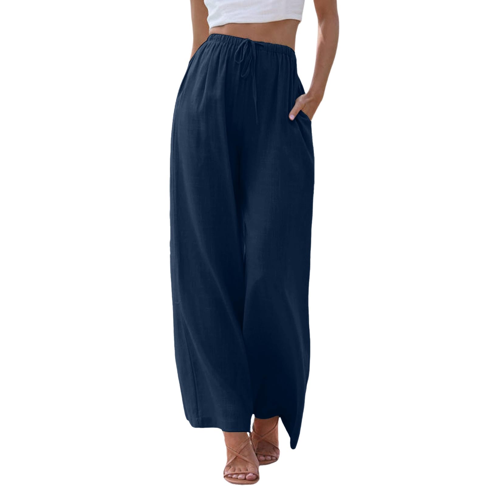 Generic Plus Size 2024 Loose Fit Cotton Womens Pants Trendy Casual Work Pants for Women Drawstring Palazzo Pants