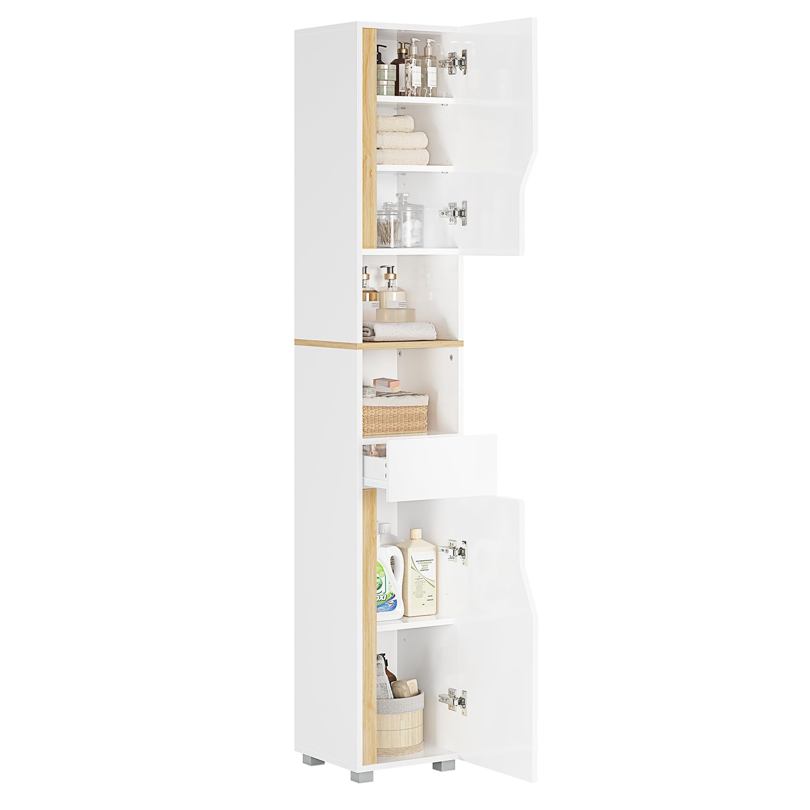 Meuble Colonne Salle de Bain, Meuble de Rangement avec Étagères Réglables, Tiroir, 2 Étagères Ouvertes, Armoire Rangement Haute Gain de Place,Armoire de Salle de Bain, 30 x 30 x 180 cm, Blanc