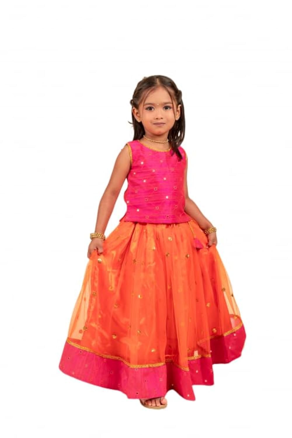 Orange and Magenta combo south indian Baby girls mirror work net Lehenga Choli set (3months to 8Years)