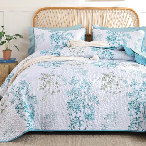 WONGS BEDDING Floral Quilt Set Queen, 3 Pcs Teal Bedspreads Coverlets