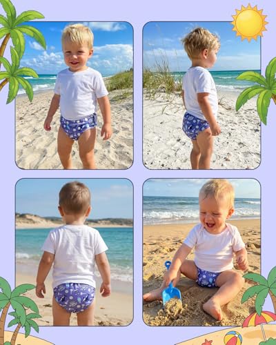 Image of Babygoal Swim Diapers 3 Pack for 8 Months-3 Years Infant and Toddler, Reusable Adjustable Washable for Baby Swimming Lessons-Fish & Shark