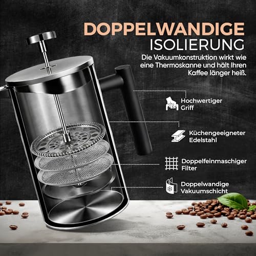 Coffee Fox® French Press 1 Liter Edelstahl, doppelwandiger Kaffeebereiter – Ansicht 4
