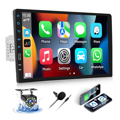 SIXWIN Wiewless CarPlay 1 DIN Radio Coche Bluetooth,9 Pulgadas Pantalla Táctil Estéreo Coche Manos Libres Radio FM con Android aotu Mirrorlink,Carga rápida,Bluetooth/USB/AUX/AUX-in+Cámara