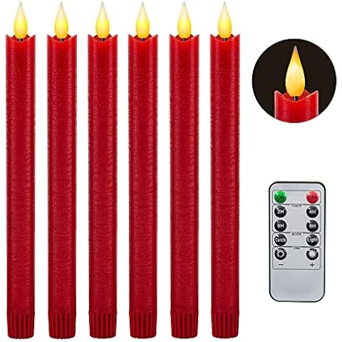 Yongmao Flameless Taper Candles Flickering Battery Operated with 10-Key Remote, Real Wax LED Window Candles Fake Electric Candles 3D Wick Warm Light Pack of 6 for Christmas Home Wedding Decor (Red) Cover
