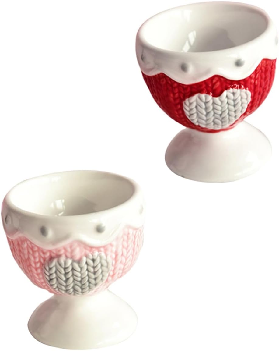 VICASKY Ceramic Egg Cups Heart Pattern Breakfast Egg Holders Set of 2 Red and Pink for Home and Restaurant Dining